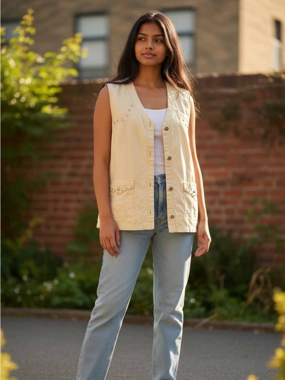 Regina Porter Cream Sleeveless Studded Button Vest western style size large